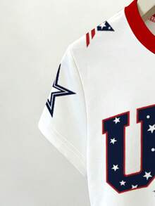 1 pieza Camiseta de manga corta de ajuste delgado con cuello de contraste y estampado de bandera de EE. UU. para niñas preadolescentes, adecuada para uso diario, campus, casual, ropa de calle de verano - Multicolor - Ver 4