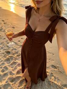 SHEIN Holidaya 女款夏季優雅素色細肩帶洋裝 - 棕色 - 查看 4