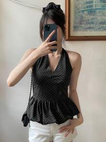 DAZY 女款圓領波點領結短袖T恤 夏季可愛上衣 - 黑色 - 查看 6