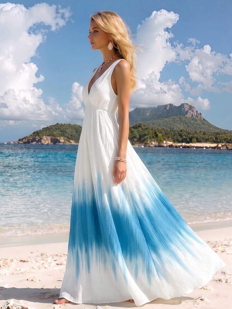 Flora Isola Flora Isola 女款夏季優雅百褶藍色漸層白色洋裝,飄逸A字版型V領浪漫洋裝 - 藍白色 - 查看 1