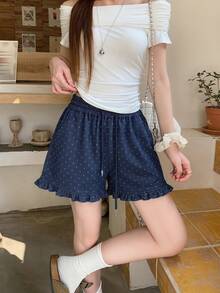 DAZY Women's Korean Style Ruffle Lace Polka Dot Casual Loose Shorts - Blue - View 3