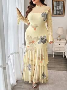 Modelyn Abito lungo da donna taglie forti in rete con maniche lunghe, stampa, aderente, elegante e casual per il pendolarismo - Giallo chiaro - Visualizzare 4