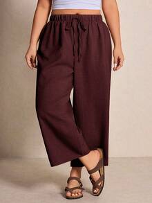 Elaquor Plus Size Women's Solid Color Drawstring Waist Casual Versatile Daily Wear Wide Leg Pants Trail Ride Burgundy Summer - Red Violet - View 2