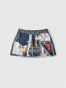ROMWE Avant Plus Size Women's Y2K Millennium Patchwork Ultra Short Denim Shorts - Blue - View 1
