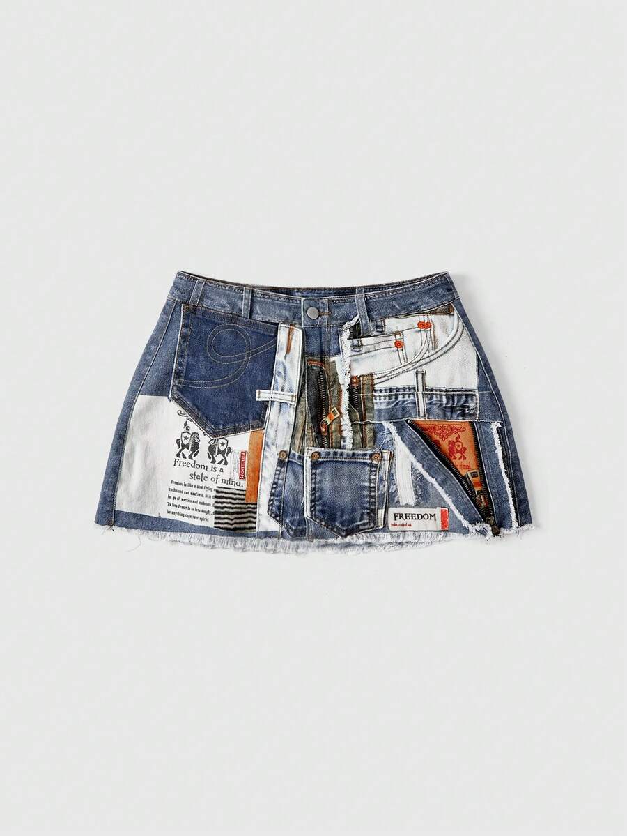 ROMWE Avant Plus Size Women's Y2K Millennium Patchwork Ultra Short Denim Shorts - Blue - View 1