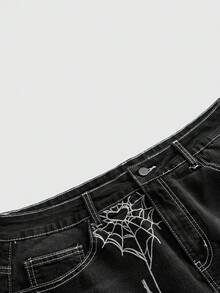 ROMWE Grunge Punk 深色蜘蛛網刺繡多功能高彈性緊身大尺碼牛仔迷你裙（內含內襯短褲） - 黑色 - 查看 3