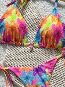 Swim Vcay Conjunto de bikini con cuello halter y estampado integral para mujer - Multicolor - Ver 7