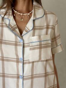 Aloruh Casual Plaid Print Button Front Pocket Short Sleeve Shorts Pajama Set For Women - Multicolor - View 4