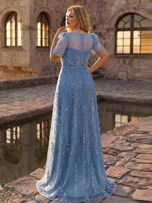 Glamrae Plus Size Elegant Romantic Champagne Square Neck Short Sleeve Sheer Rhinestone & Pearl Embellished A-Line Evening Gown For Wedding Party Celebration Formal Occasion Event (Heavy Work Design) - Dusty Blue - View 2