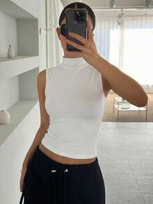 DAZY Women's Solid Color Pleated Summer Stand Collar Slim Fit Tank Top - White - View 4