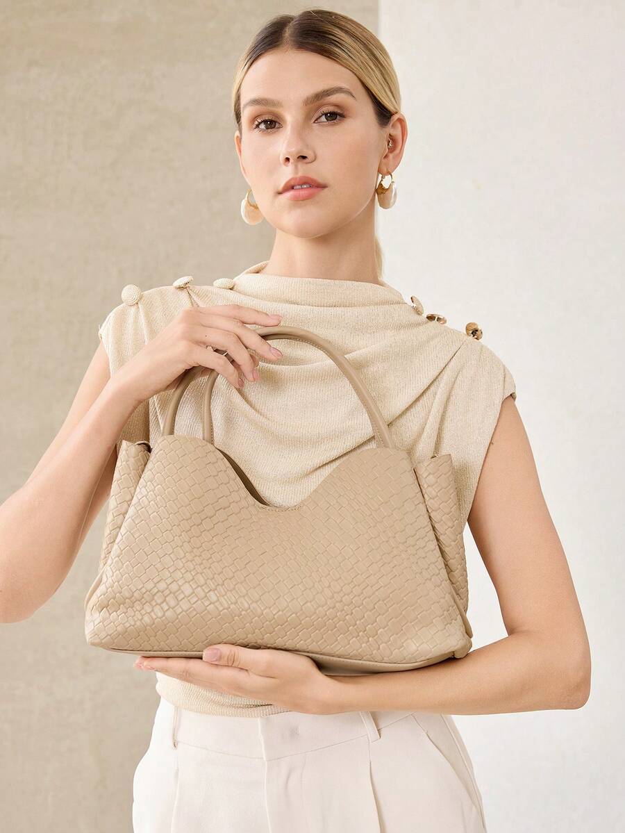 MOTF PREMIUM TAS TOTE MODIS WANITA, WARNA APRIKOT LEMBUT, TAS TANGAN LIBURAN PU TENUN YANG INDAH, COCOK UNTUK KEHIDUPAN SEHARI-HARI, PERJALANAN, LIBURAN, DAN PERJALANAN - Aprikot - View 1