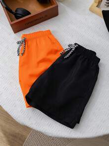 SHEIN 2件套男童休闲舒适时尚简约实用可爱柔软透气短裤，适合度假、日常、上学、旅行、运动、春夏季男童泳装 - 橘色 - 查看 8