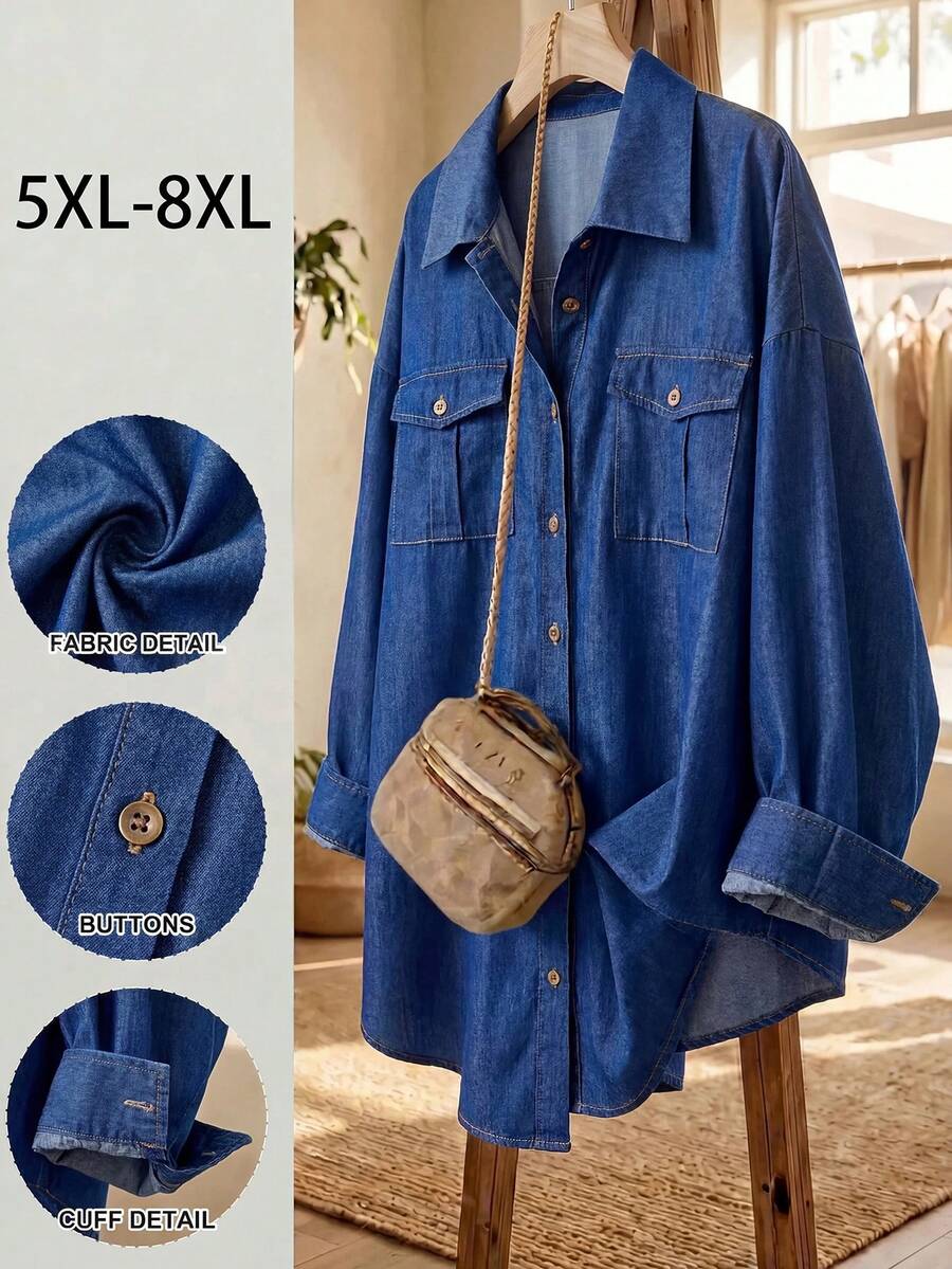 SHEIN CURVE+ 大尺碼休閒牛仔印花襯衫，適合通勤、夏季穿搭、度假穿搭、海灘穿搭 - 藍色 - 查看 1