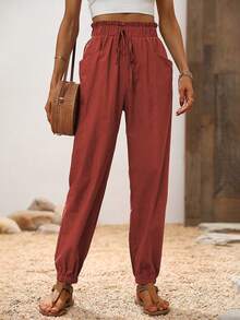 Breezaya Vacation Casual Solid Color Cuffed Long Pants - Red - View 6