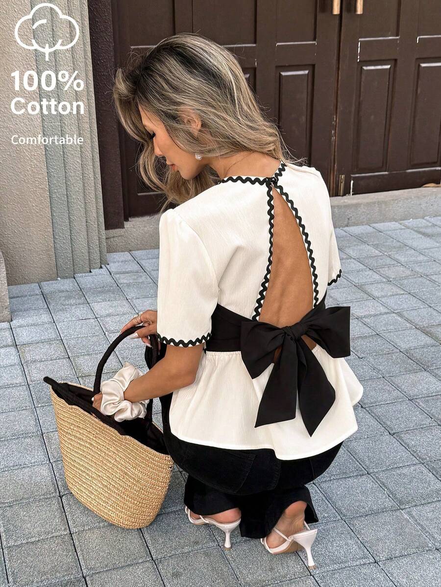 SHEIN PariChic Women's Spring/Summer Cream White Backless Bow Blouse, Contrast Color Wavy Edge Cropped Top Shirt - Apricot - View 1
