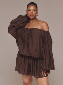 MUSERA Curve Brown Bardot Off Shoulder Lace Up Front Long Sleeve Playsuit - Brown - View 5