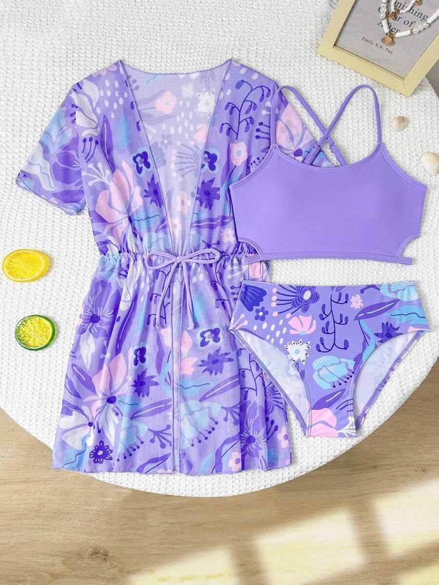 SHEIN Tween Girls 3pcs Bikini Set, Cute Purple Tropical Floral Knit Fabric Two-Piece Swimsuit With Back Cross Strap Design, Triangle Bottoms And Sun Protection Cover-Up, Fashionable Elegant Lady Style For Swimming, Summer Vacation, Beach, Pool, Summer Holiday Party - Purple - View 1