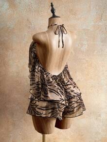 Mistrie Conjunto de 2 piezas de top corto y shorts con estampado de cebra para mujer, sexy para cita nocturna - Dorado - Ver 7