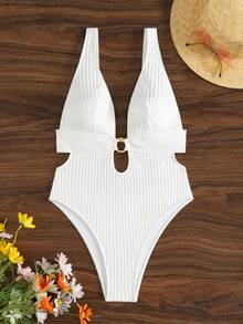 Swim SXY 全新夏季纯色纹理面料环 V 领露背吊带海滩度假连体泳衣 - 白色 - 查看 5