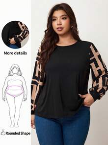 Enliva Plus Size Colorblock Lantern Sleeve Casual Loose Top, Autumn/Winter Holiday Outfit - Black - View 1