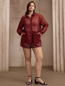 Flouryn Plus Size Elegant Commuter Solid Color Sheer Blouse & Floral Print Shorts 2-Piece Set Fall - Coffee Brown - View 3