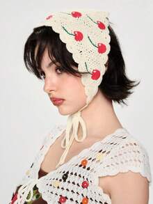 ROMWE Kawaii Boho 1pc Knitted Cherry Design Music Festival Bandana Headband Strawberry Valentine's Day Valentines Hair Scarf, Headscarf Fall Winter Hair Band Hair Accessories For Women For Vacation Outfits Woman Summer Outfits - Beige - View 3