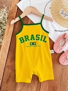 [隨機4件發1件]黃綠色拼接&藍白色拼接，休閒運動都市風字母BRAZIL&ARGENTINA圖案拼接飾邊，足球賽事，女嬰休閒吊帶連身褲，適合春夏季 - 彩色 - 查看 6
