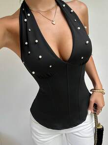 SHEIN Franclia 性感V領收腰上衣，通勤修身內搭上衣 - 黑色 - 查看 2
