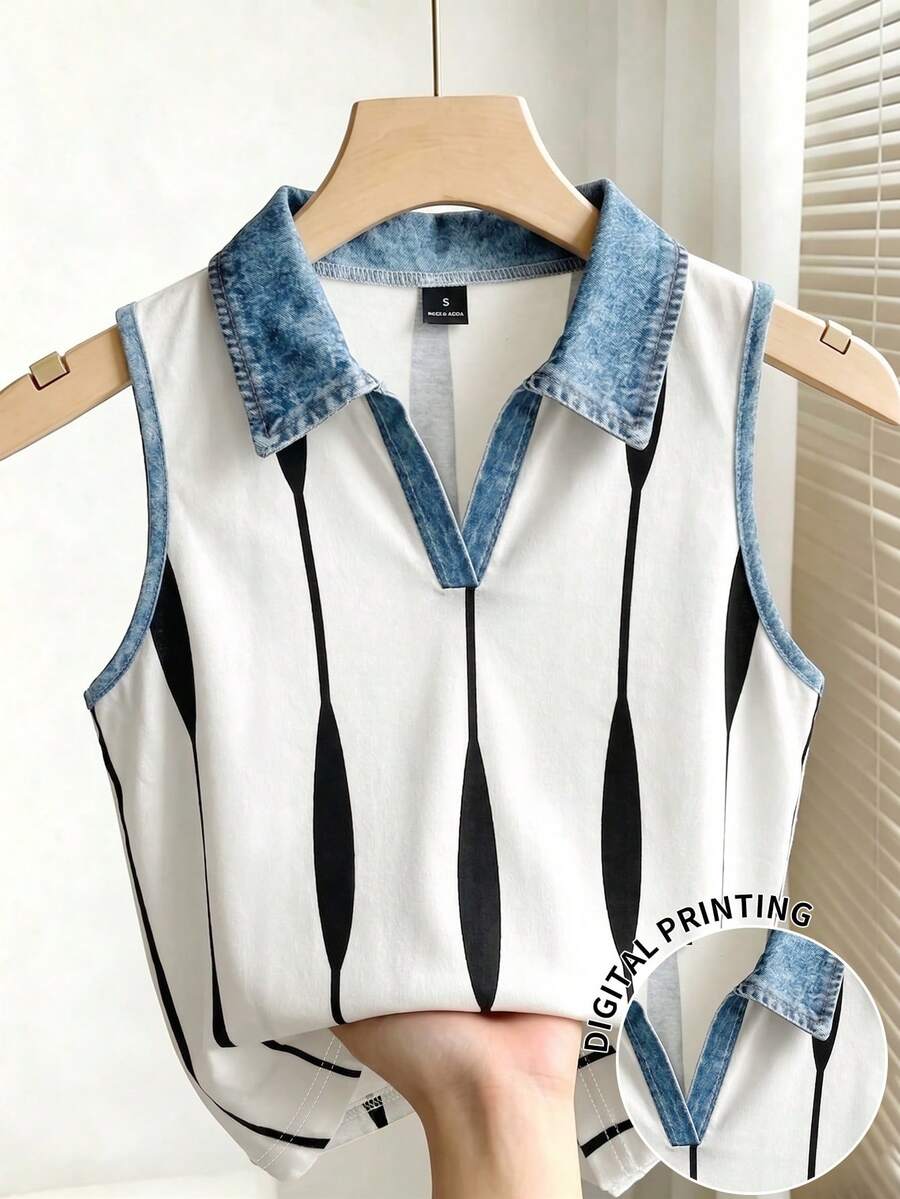 Resyla Áo kiểu nữ không tay cổ bẻ sọc kẻ phong cách thường ngày - Nhiều màu - Xem 1