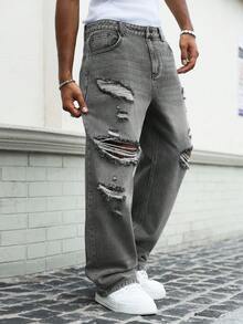 Manfinity Roughcore Men's Fashion Street Distressed Grey Washed Denim Curved Leg Pants - Grey - View 8