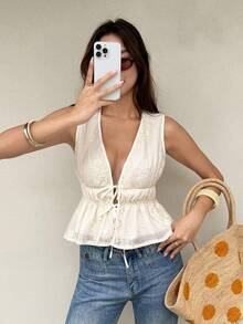 Serisse Women's Floral Embroidered Deep V-Neck Front Tie Sleeveless Vacation Top - Apricot - View 7
