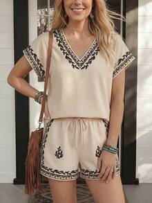Wildy BOHO Tropical Casual Western Country Music Festival Retro Print Women's Summer Beach Vacation Pocket V-Neck Shirt Shorts 2-Piece Set Beige - Apricot - View 9