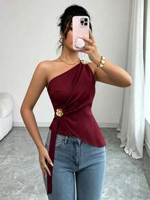 Selianne 女款夏季新款優雅時尚單肩3D花朵裝飾背心上衣 - 酒紅色 - 查看 6