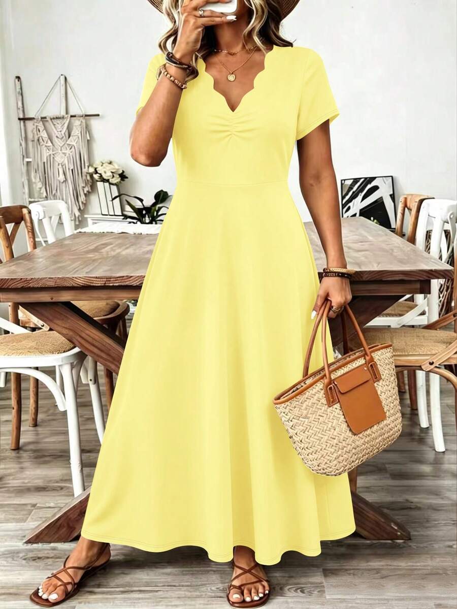 Breezaya Women's Plus Size Wavy Collar Fashion Commute Long Dress - Yellow - View 1