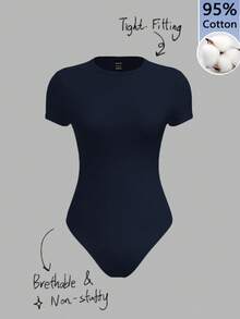 SHEIN BASICS بودي نسائي كاجوال من القطن بنسبة 95%، محبوك باللون الأزرق الداكن، بياقة دائرية وأكمام قصيرة، بقصة ضيقة، مناسب للصيف - أزرق بحري - مشاهدة 1