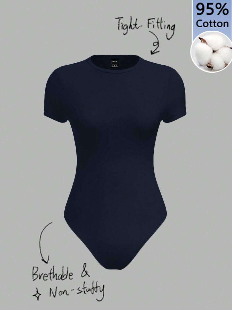 SHEIN BASICS بودي نسائي كاجوال من القطن بنسبة 95%، محبوك باللون الأزرق الداكن، بياقة دائرية وأكمام قصيرة، بقصة ضيقة، مناسب للصيف - أزرق بحري - مشاهدة 1