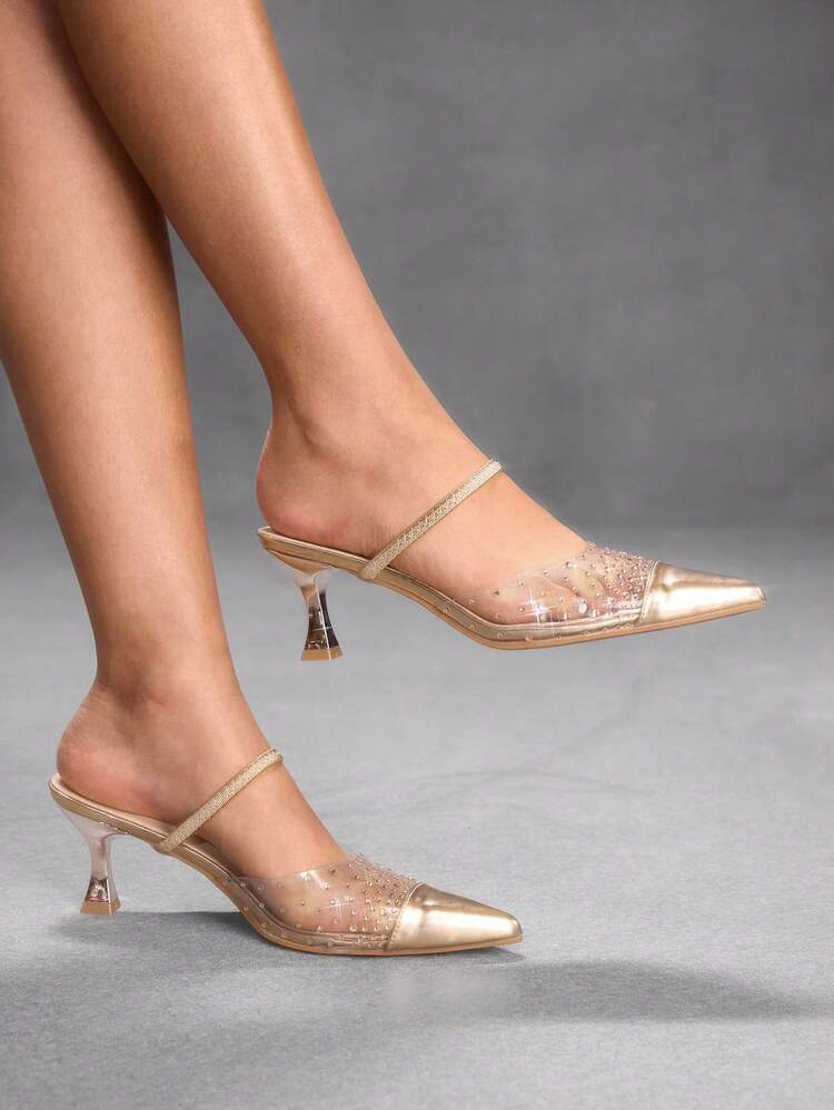 CUCCOO SZL Women's Fashion Pointed Transparent Glass Glue Rhinestone Shoes Are Suitable For Women's Summer Wear With High Heels