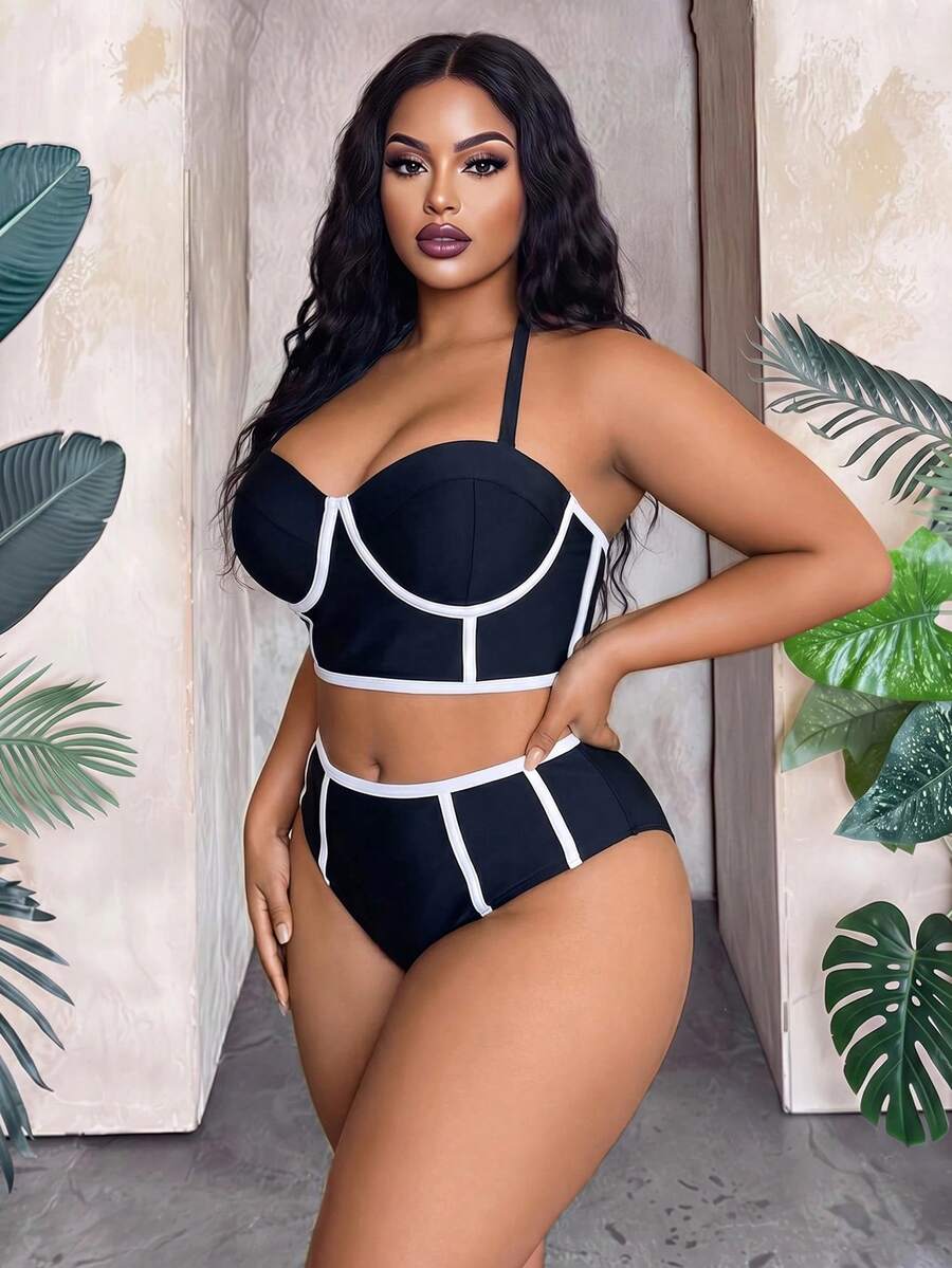 Maweii Plus Size Women's Black & White Color Block Steel Hoop Casual Swimwear Set For Summer Beach Vacation - Black and White - View 1