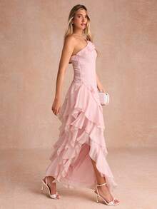 Enchnt Women's Elegant Light Pink Summer Garden Party Dress, 3D Rose Floral Lotus Leaf Strapless Long Prom Dress,Luxury Chic Evening Wedding Outfits - Baby Pink - View 6