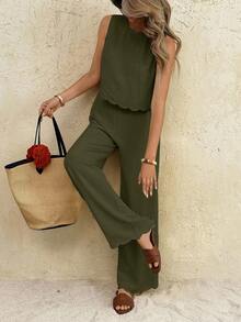 SHEIN Frenchy Women's Solid Color Back Knot Sleeveless Shirt And Pants 2pcs Set For Vacation - Army Green - View 4