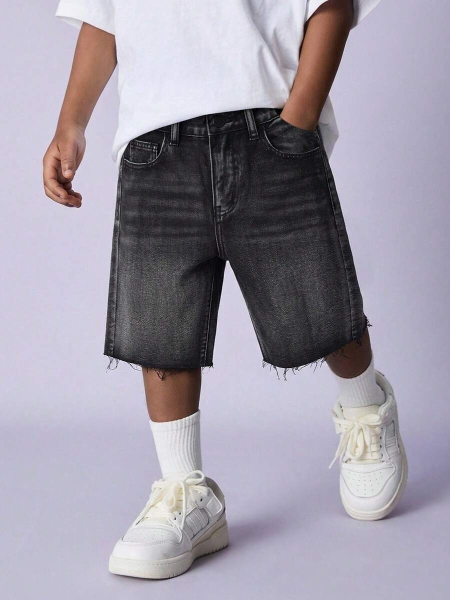 SHEIN Little Byeori 青少年男孩寬鬆舒適牛仔短褲 兒童服飾 日常穿搭街頭風