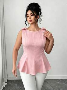 SHEIN Clasi 大尺碼女款圓領蝴蝶結紋理面料無袖收腰A字版型上衣優雅淑女風 - 淺粉色 - 查看 7