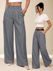 SHEIN PETITE 女款條紋長褲 夏威夷風 女士辦公西裝褲 家居舒適褲 女款兩件套 女款套裝 秋冬款 小個子女款 - 淺灰色 - 查看 1