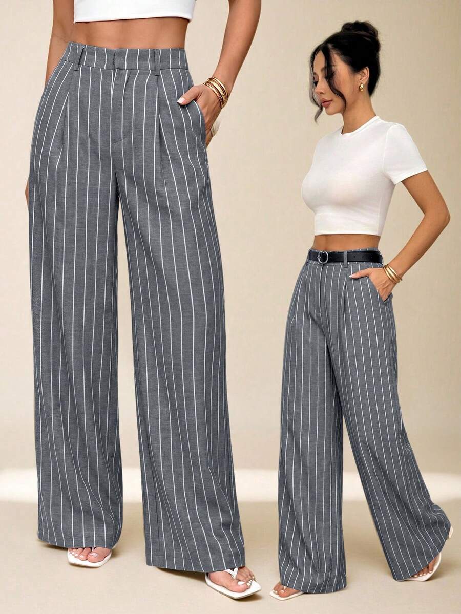 SHEIN PETITE 女款條紋長褲 夏威夷風 女士辦公西裝褲 家居舒適褲 女款兩件套 女款套裝 秋冬款 小個子女款 - 淺灰色 - 查看 1