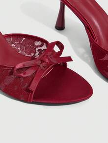 CUCCOO SZL Sweet Bow Lace Mesh Fashion Temperament Word With Fairy Thin Heels Sandals Women Wear Open-Toed Burgundy High-Heeled Slippers Summer - Burgundy - View 5