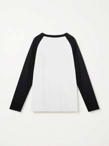INAWLY Plus Size Women's Casual Contrast Color Letter Print Loose Fit Long Sleeve T-Shirt, Spring & Summer Graphic Tees Women Tops For Spring Fall For Women - Black and White - View 2