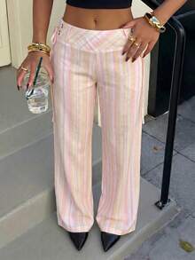 Avenya Low Waist Striped Drawstring Casual Pants - Pink - View 5