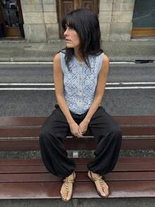 MAIJA 波西米亞風休閒優雅度假流蘇飾邊無袖鏤空針織上衣 早午餐穿搭 淡藍色 夏季 - 藍色 - 查看 6