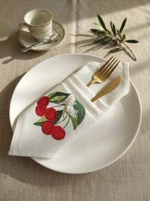 Cirelle 1/2/4pcs Cherry Embroidered Cotton Napkins, Cute Fruit & Floral Cloth Napkin, Reusable & Washable Dinner Napkins For Kitchen, Party, Wedding, Home Table Decor - Multicolor - View 2