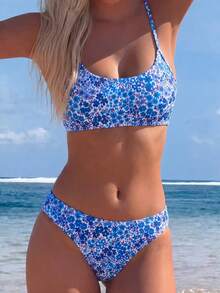 Swim Lushoire Women's Summer New Beach Swim Fashion Vacation Sweet Cute Multi-Color Small Ditsy Floral Textured Fabric Bandeau Two Pieces Bikini Set Sexy Backless - Multicolor - View 1